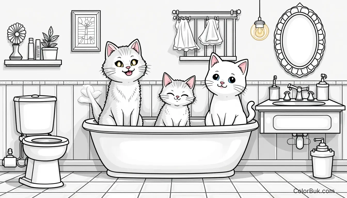 Cute Cat Coloring Page - Fun Bathroom Scene Cute cats in a bathroom coloring book illustration, no color or gradient