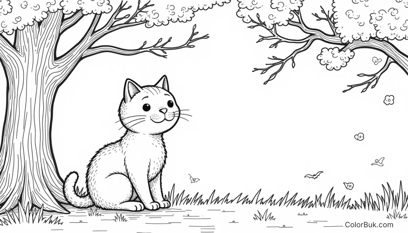 Cute Cat Halloween Tree Coloring Page Coloring page of a cute cat sitting in a Halloween tree.