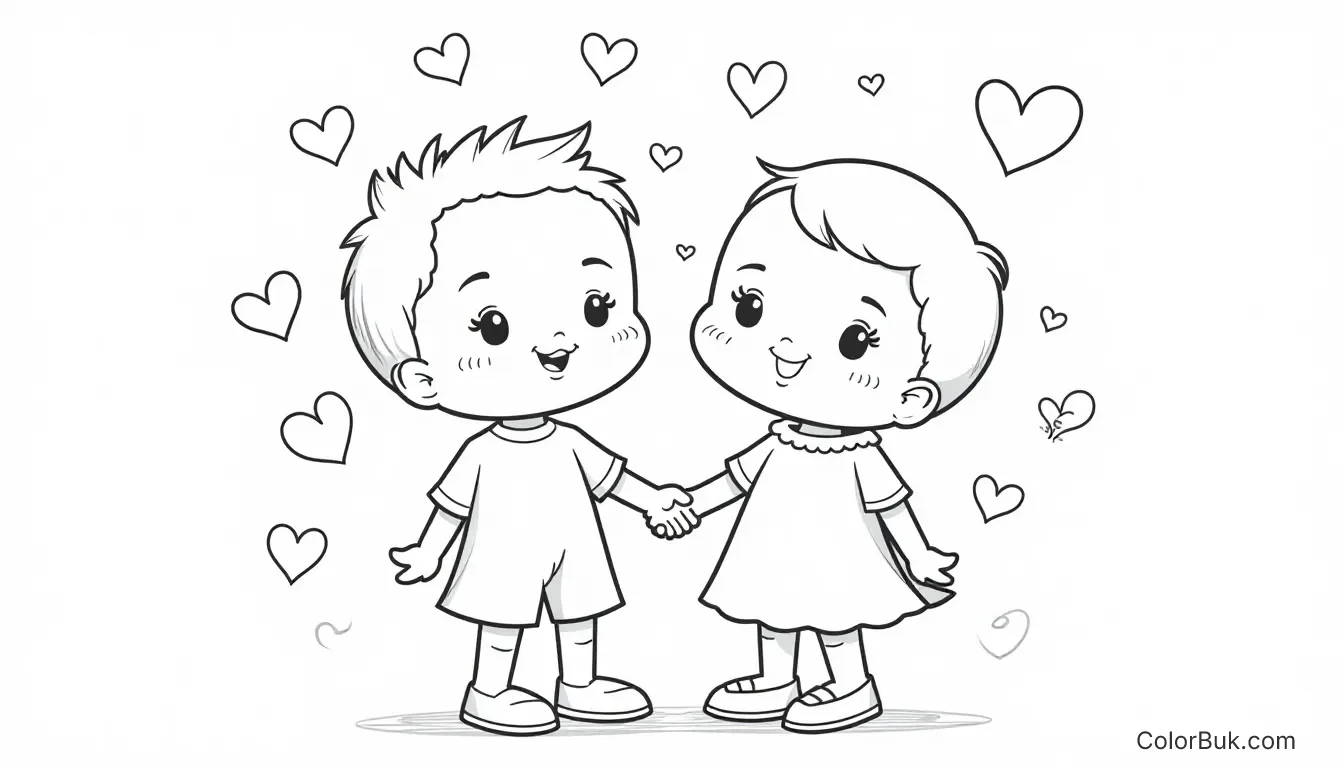 Kids Coloring Coloring book image of two cute characters holding hands with hearts, bold outlines, no color