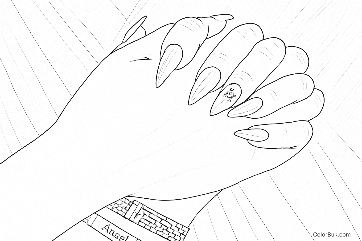 Elegant Clasped Hands Coloring Page Coloring page of elegantly clasped hands with nail art and a bracelet, ideal for creative coloring