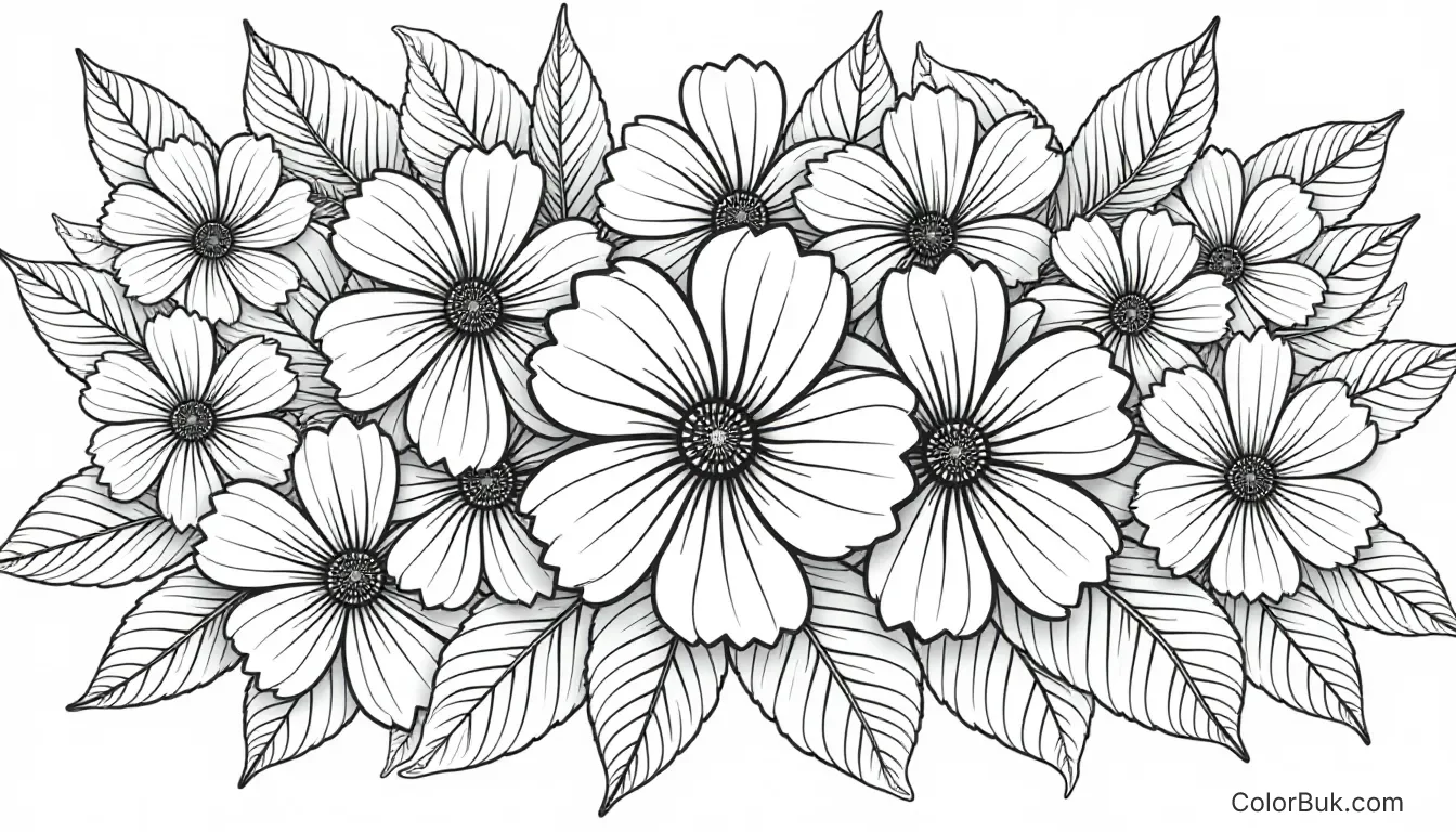 Large Flower Bouquet Coloring Page for Adults | Printable Art Large bouquet of flowers for adults to color, printable coloring page