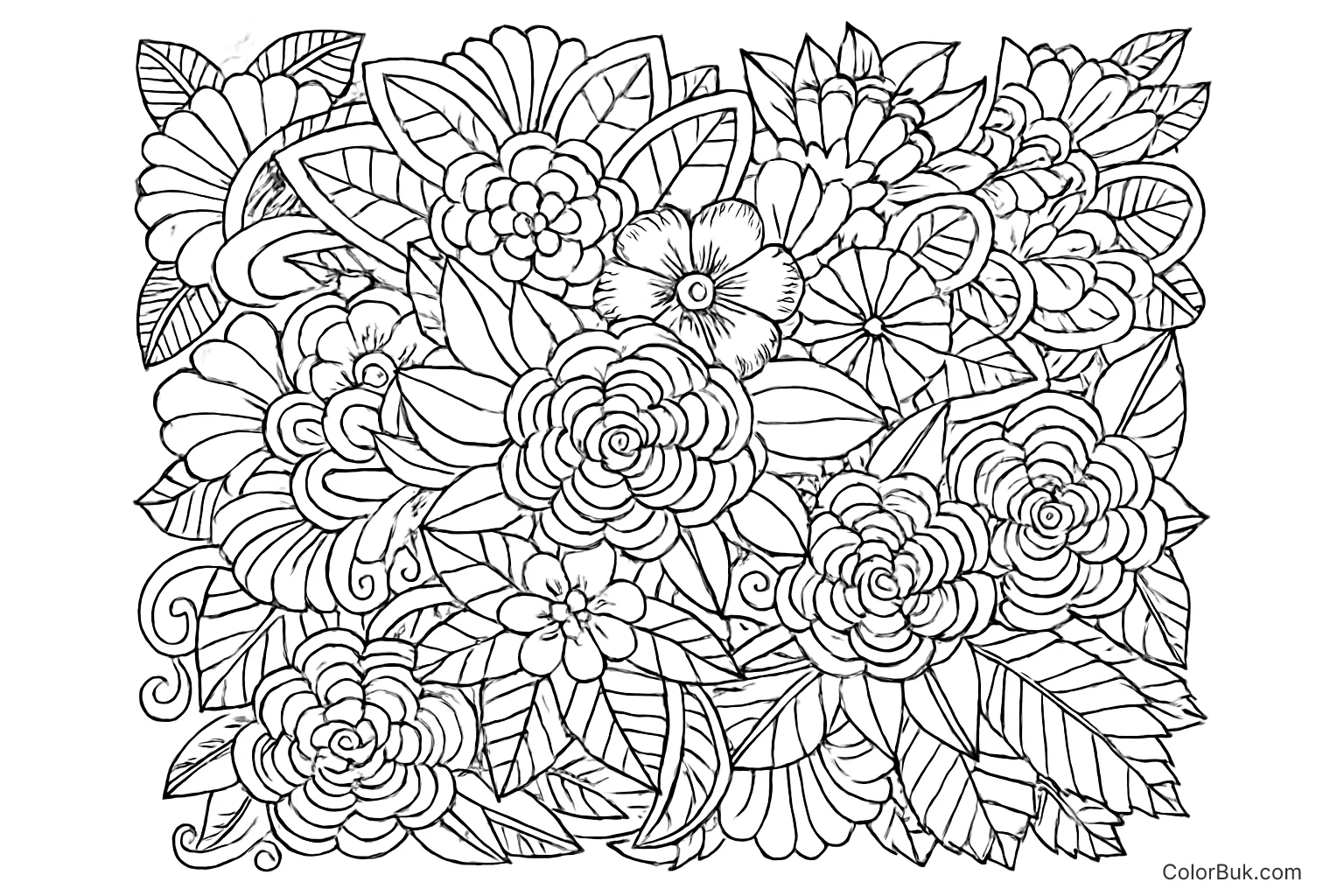 Beautiful Flower and Leaf Coloring Page for Relaxation Intricate flower and leaf coloring page featuring various blooms and detailed leaves