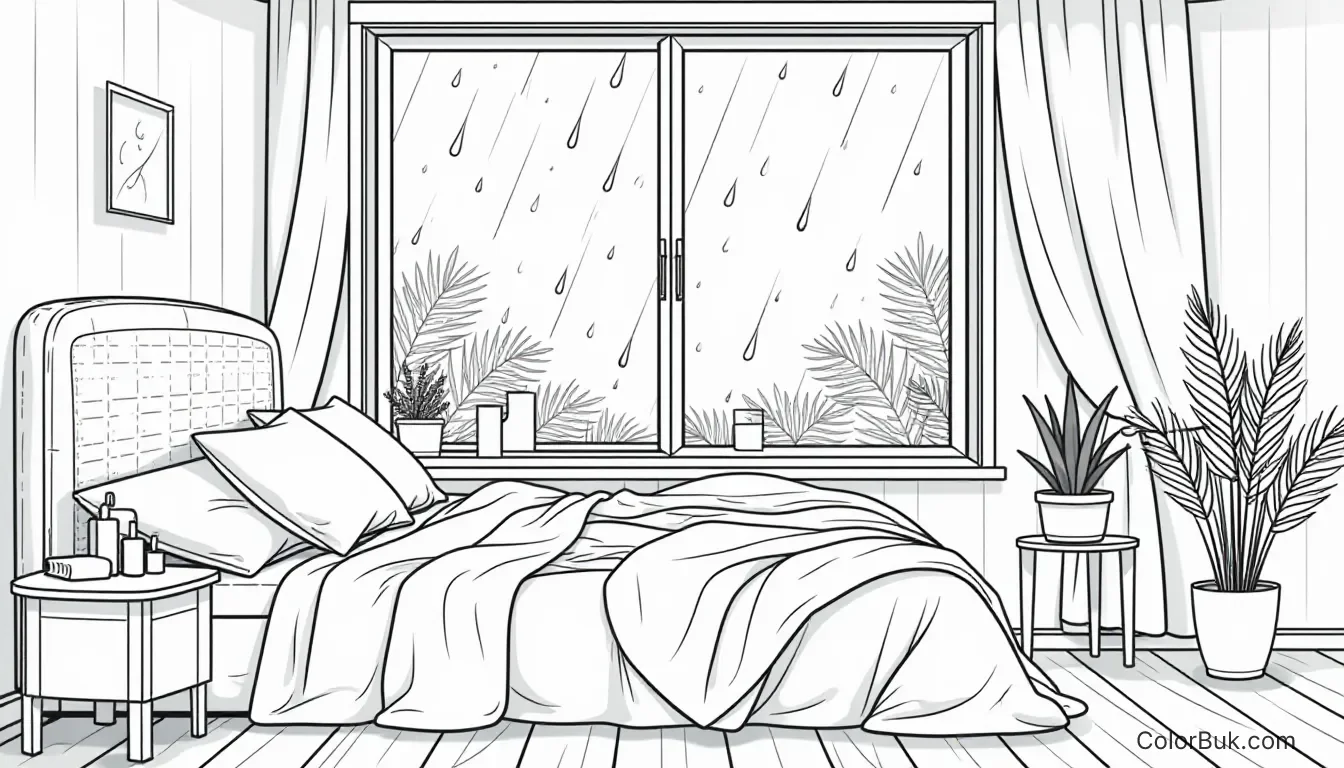 Cozy Bedroom Coloring Page - Adult Coloring Book Cozy bedroom coloring page with rain, soft blankets, and plants