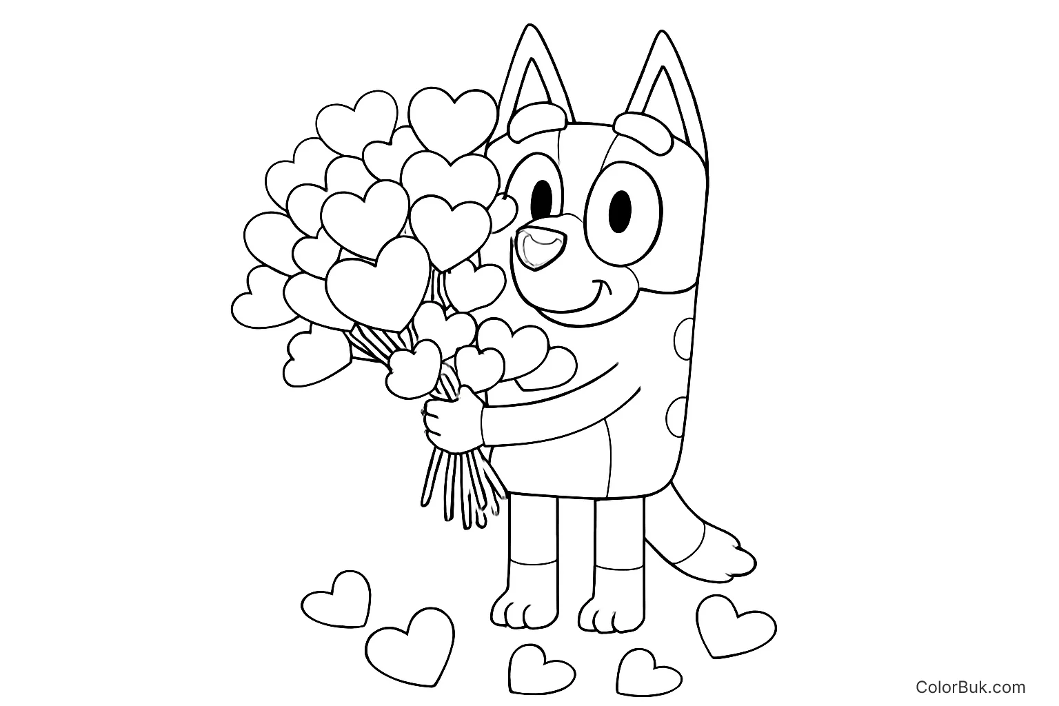 Cheerful Dog Holding Heart Bouquet - Printable Coloring Page Cartoon dog smiling with hearts bouquet on a coloring page