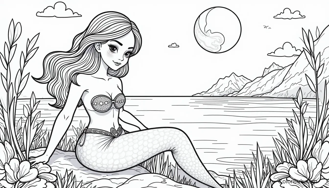 Magical Mermaid Coloring Page for Girls | Free Printables Landscape mermaid coloring page featuring beautiful backgrounds and sights for girls