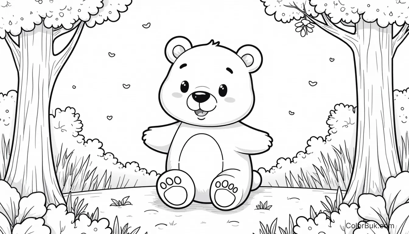 Cuddly Happy Bear Coloring Page in Cute Forest Cuddly happy bear in a cute forest coloring book page.