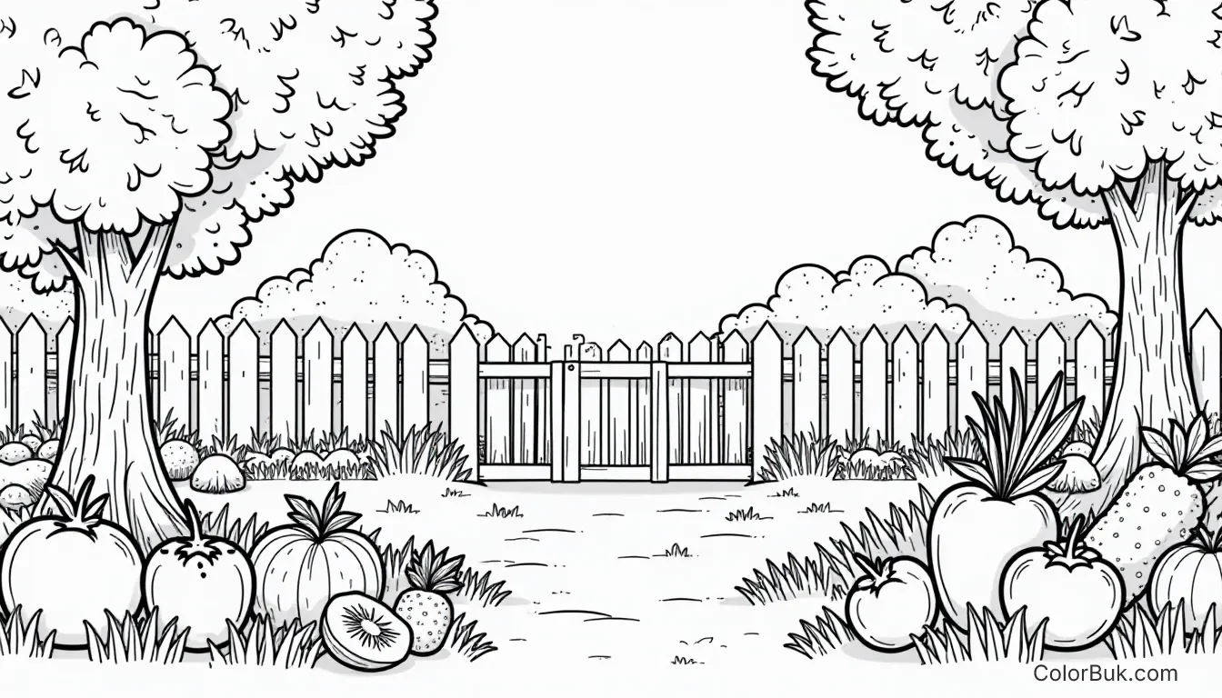 Coloring Book Page: Home & Garden Cartoon Images for Kids Cartoon coloring page of home, garden, fruits, and vegetables for kids