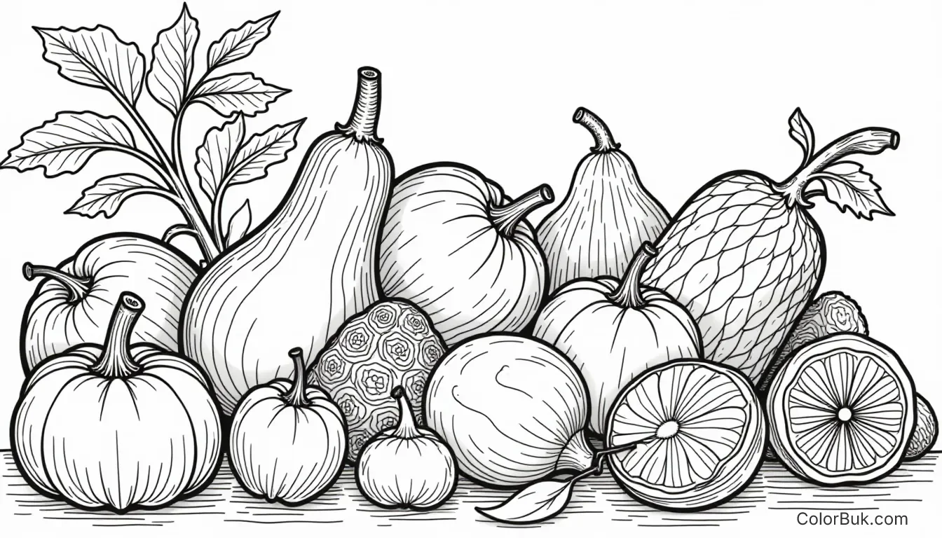 Fruits and Vegetables Coloring Page - Print & Color! Line art coloring page featuring fruits and vegetables for kids and adults