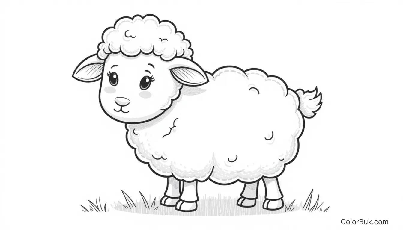 Fluffy Sheep Coloring Page - Fun Printable for Kids Black and white line art of a fluffy sheep for kids coloring, with bold title.