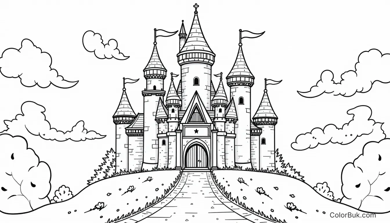 Magical Fairytale Castle Coloring Page Magical fairytale castle coloring page with towers and flags