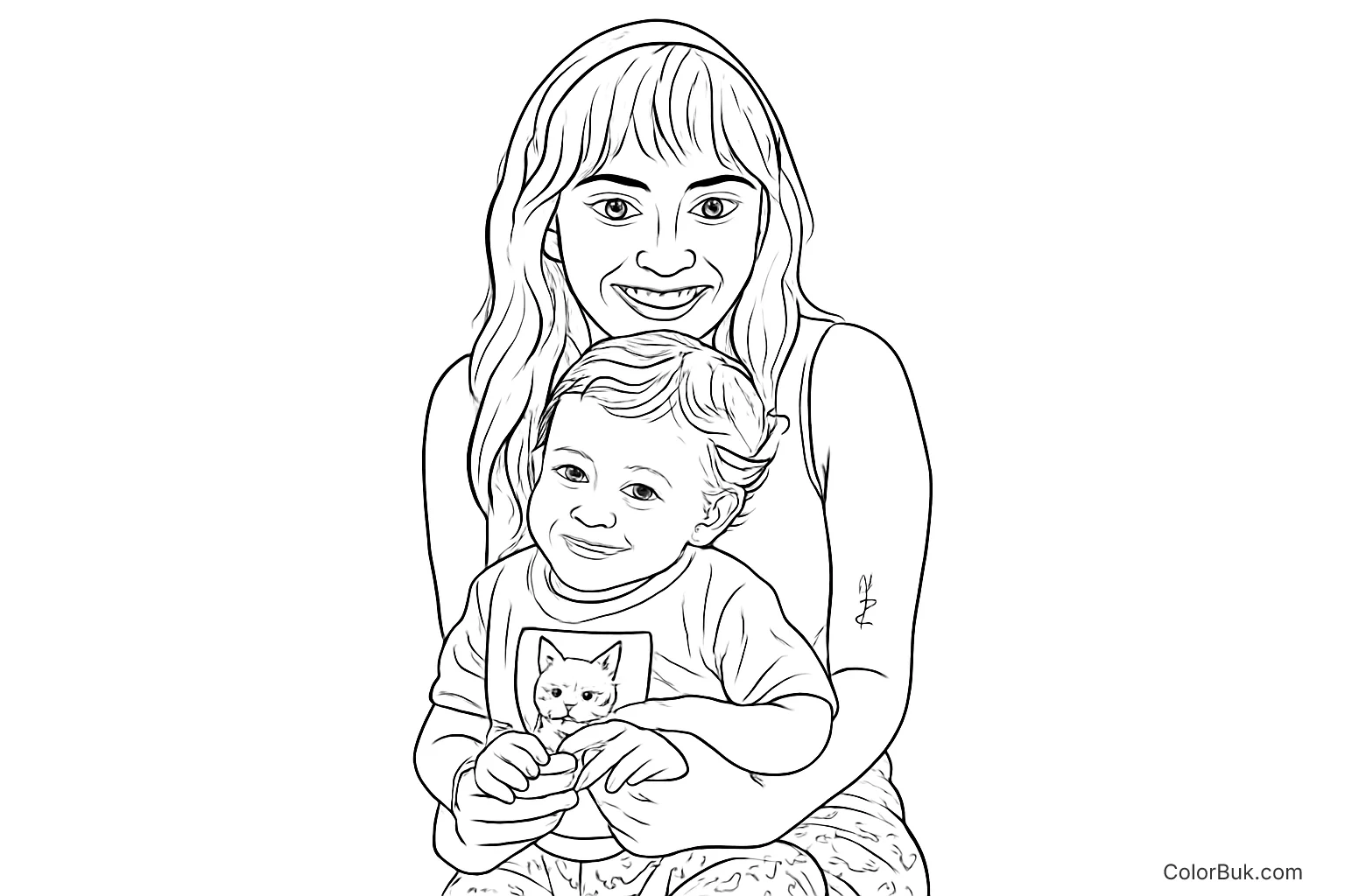 Free Printable Mother & Baby Coloring Page - Instant Download A tender coloring page featuring a smiling woman with a baby on her lap, dressed playfully.