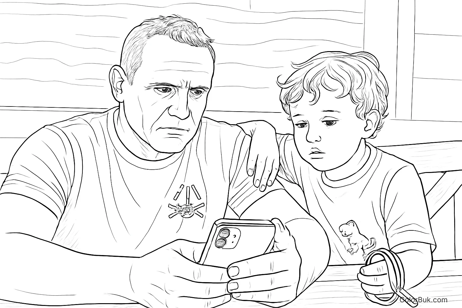 Free Printable Man & Boy Bonding Coloring Page Coloring page of a man and young boy sharing a moment of curiosity