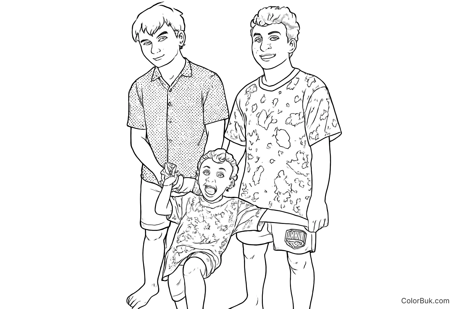 Fun Printable Coloring Page of Three Happy Kids Coloring page illustration of three children smiling and interacting cheerfully.