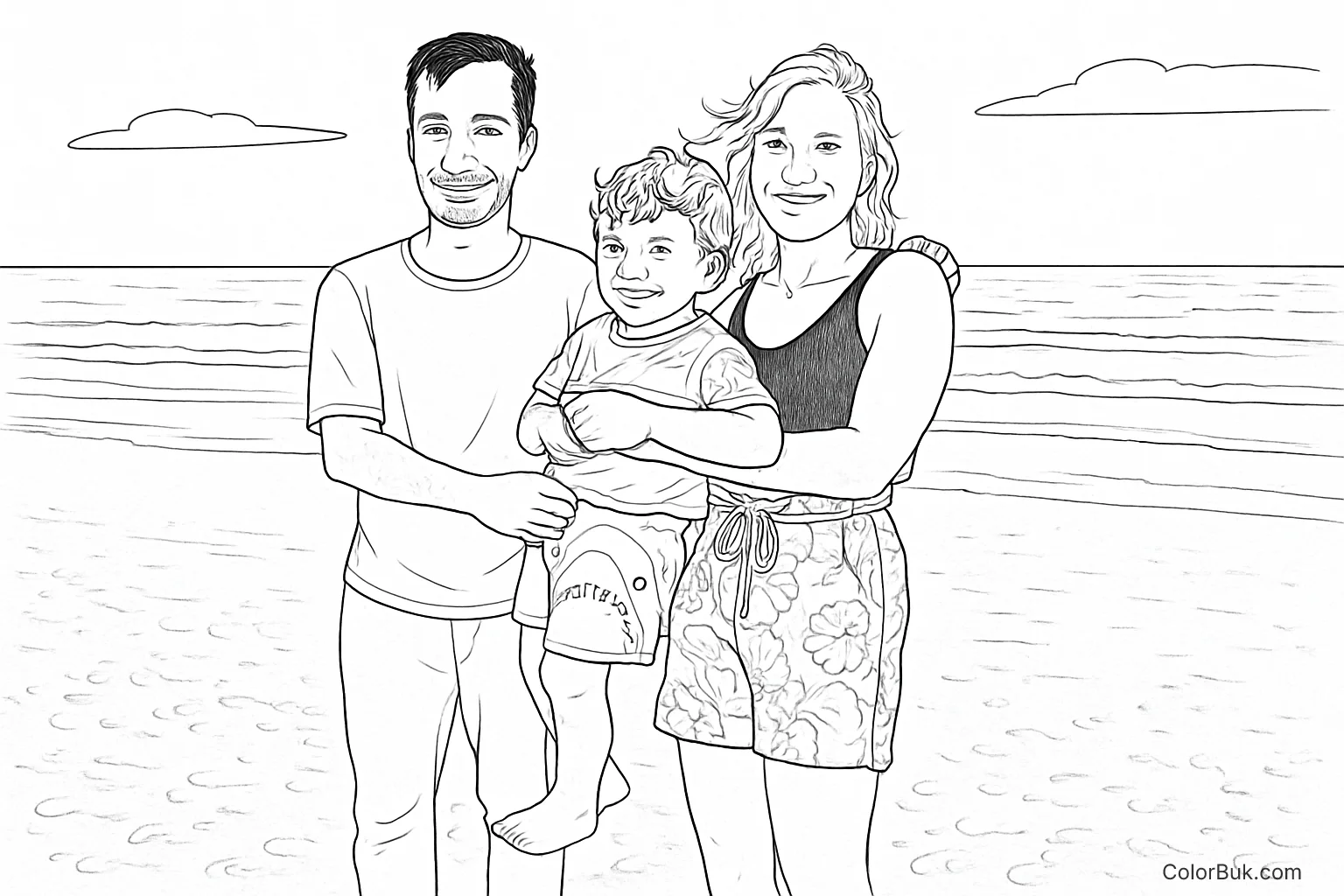 Family Beach Scene Coloring Page | Fun Printable Design Family beach scene coloring page featuring a happy man, woman, and child.
