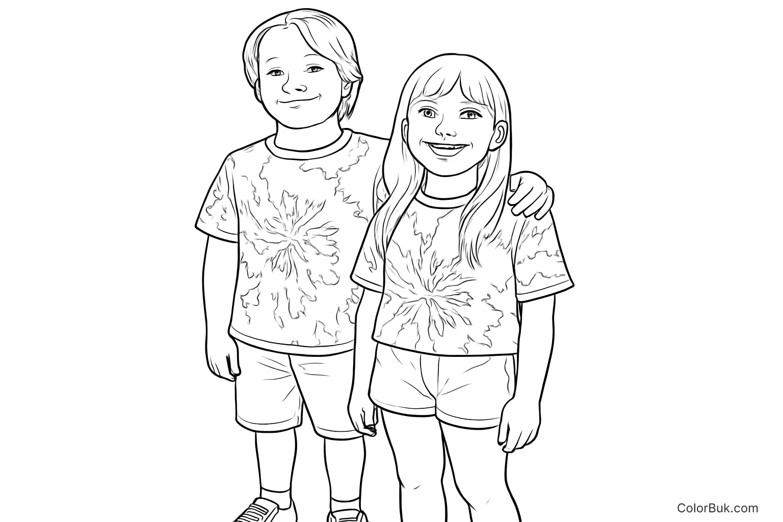 Free Printable Kids Coloring Page: Smiling Friends in Tie-Dye Coloring page illustration of two smiling children with tie-dye shirts, perfect for kids
