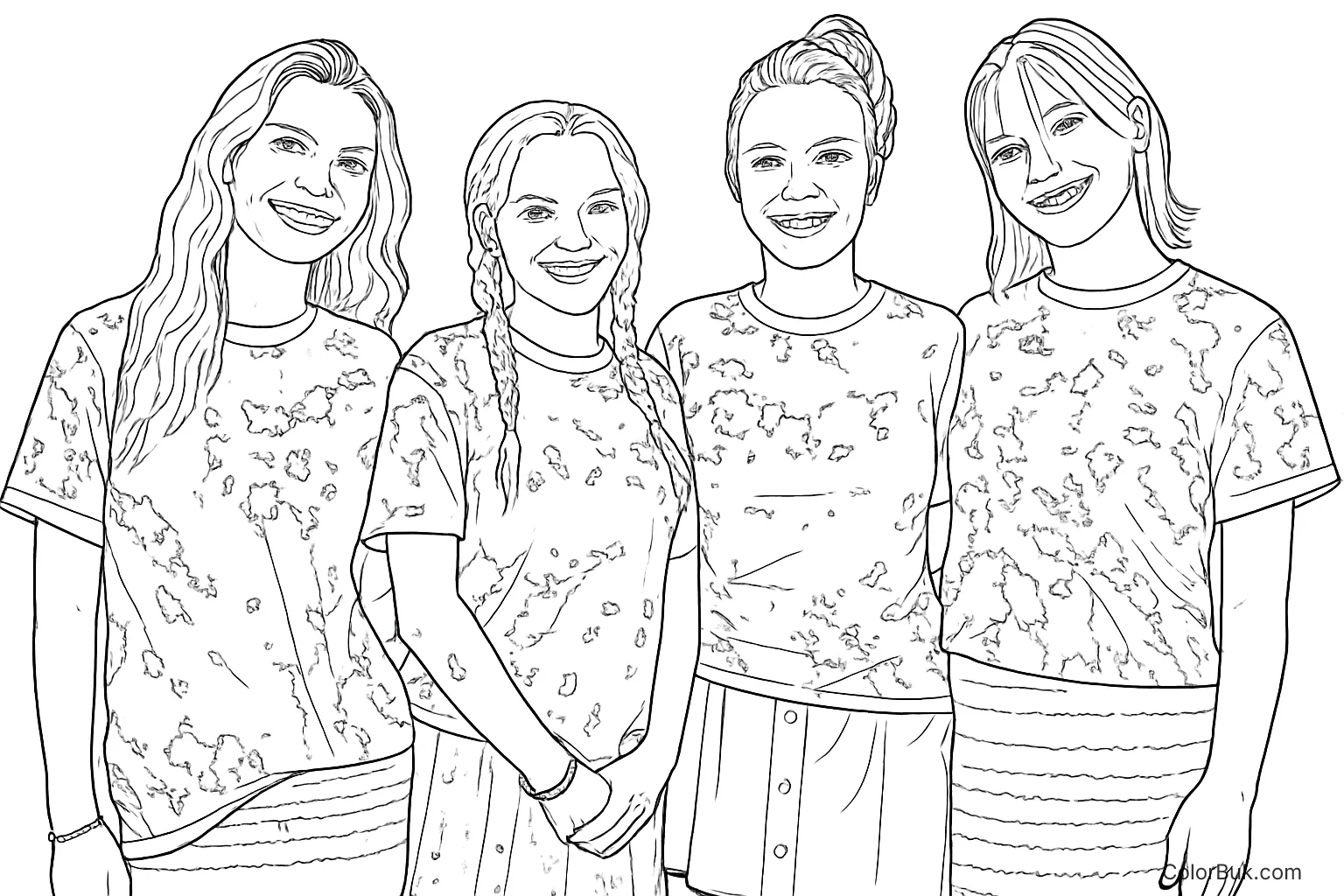 Fun and Friendly Coloring Page of Four Women Coloring page featuring four diverse women with unique styles and cheerful expressions, ready for coloring.