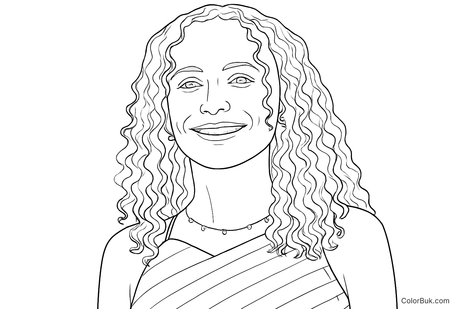 Free Printable Curly Hair Woman Coloring Page Line drawing of a young woman with curly hair and a friendly smile for coloring