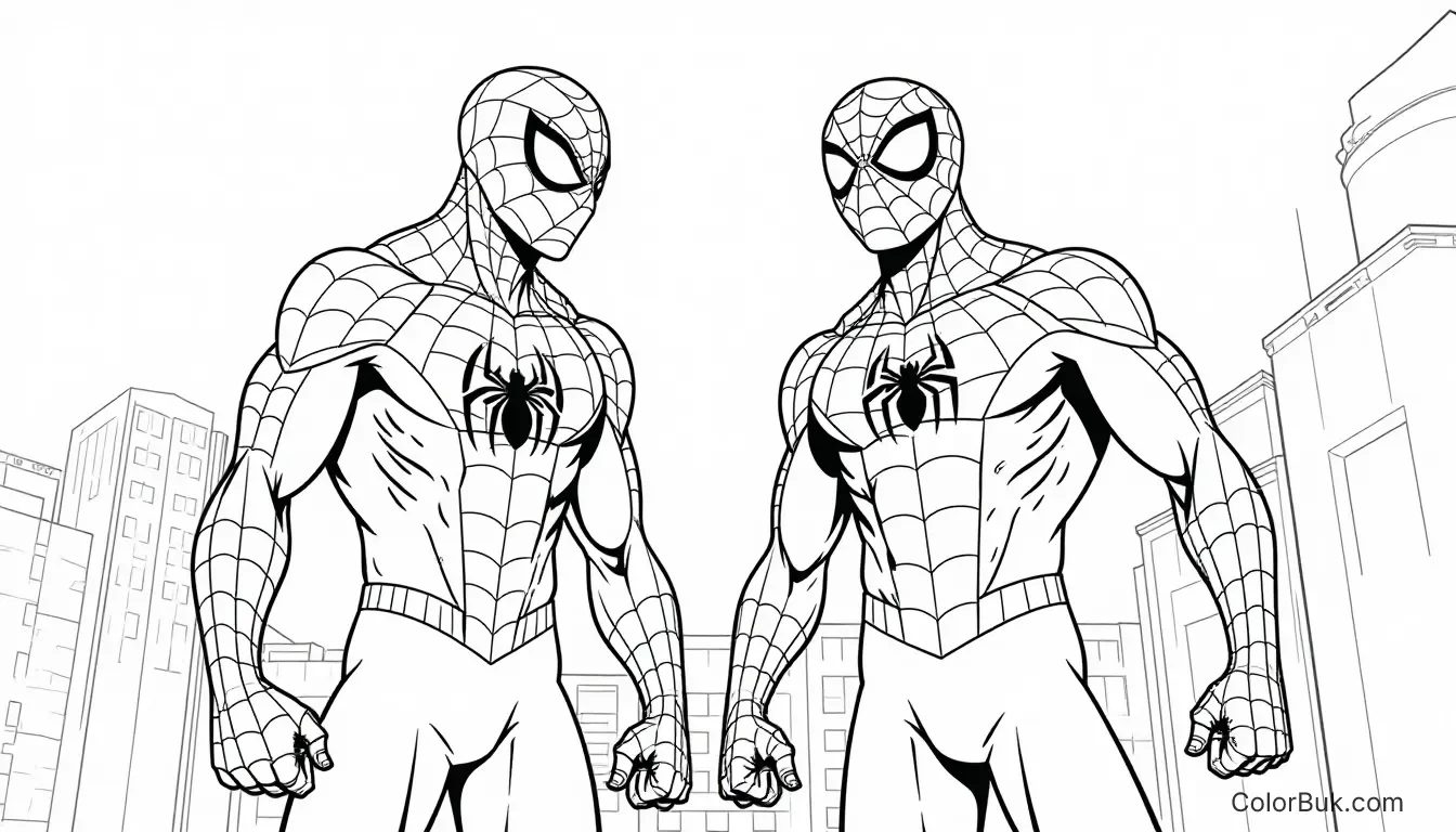 Spider-Man Coloring Page: Classic & Miles Morales Action Coloring book image of Classic Spider-Man and Miles Morales in action poses on a rooftop