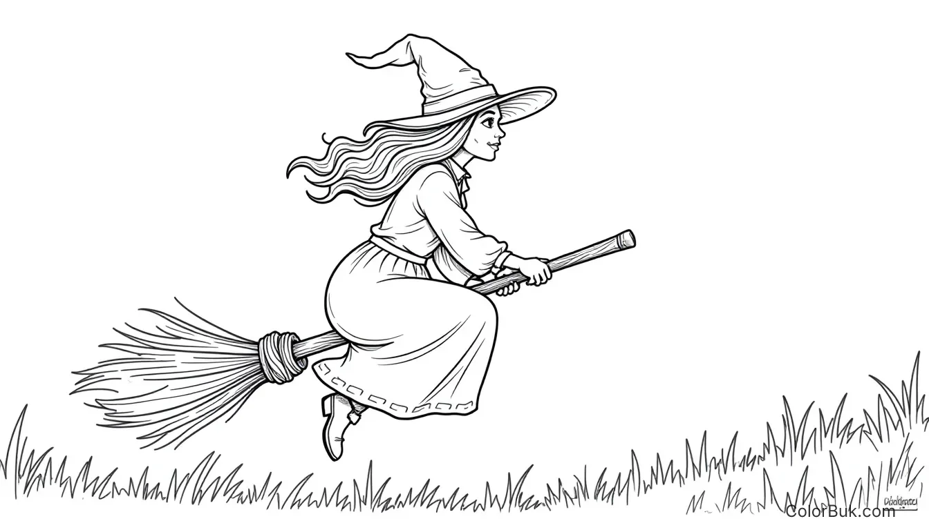Easter Witch Coloring Page | Printable Coloring Sheet Easter witch on a broom - coloring page for kids and adults