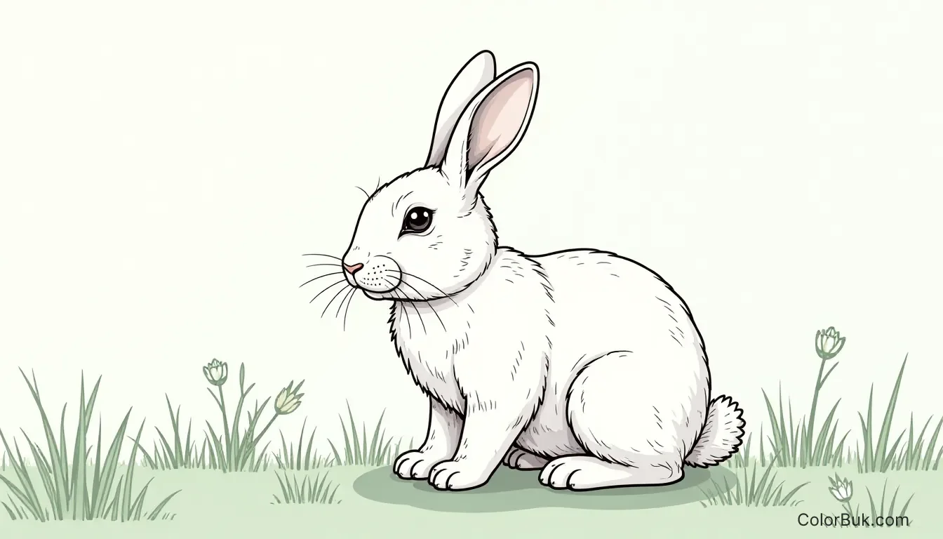 Printable Rabbit Coloring Page for Kids Black and white illustration of a rabbit on grass for coloring