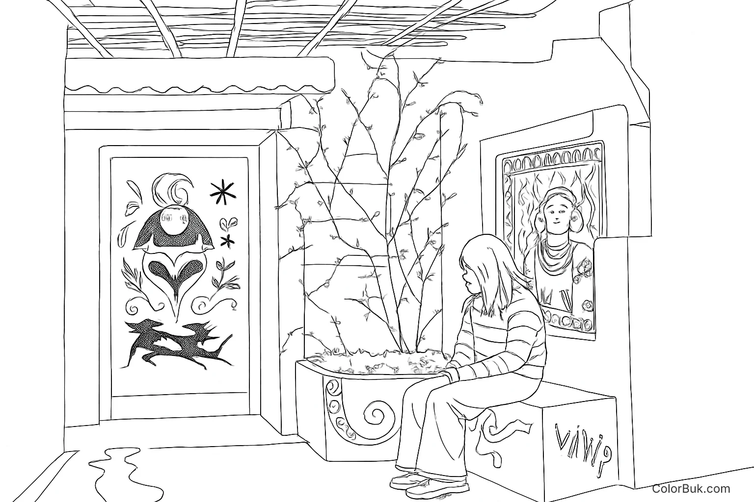 Serene Indoor Scene Coloring Page - Printable Art Intricate indoor scene coloring page featuring a thoughtful figure and decorative door.