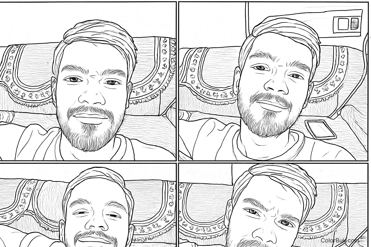 Emotional Expressions Coloring Page | Fun Printable Sheets Printable coloring page featuring a young man with four facial expressions in a 2x2 grid.