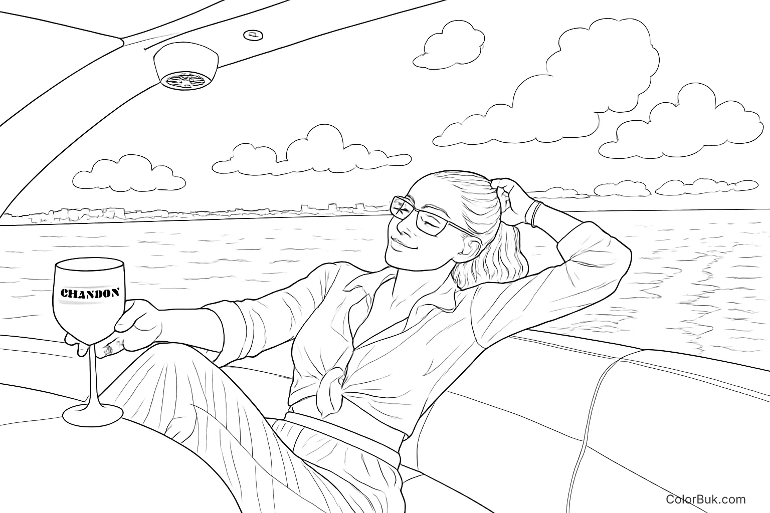 Relaxing Boat Scene Coloring Page for Adults Coloring page of a woman relaxing on a boat, holding a glass.
