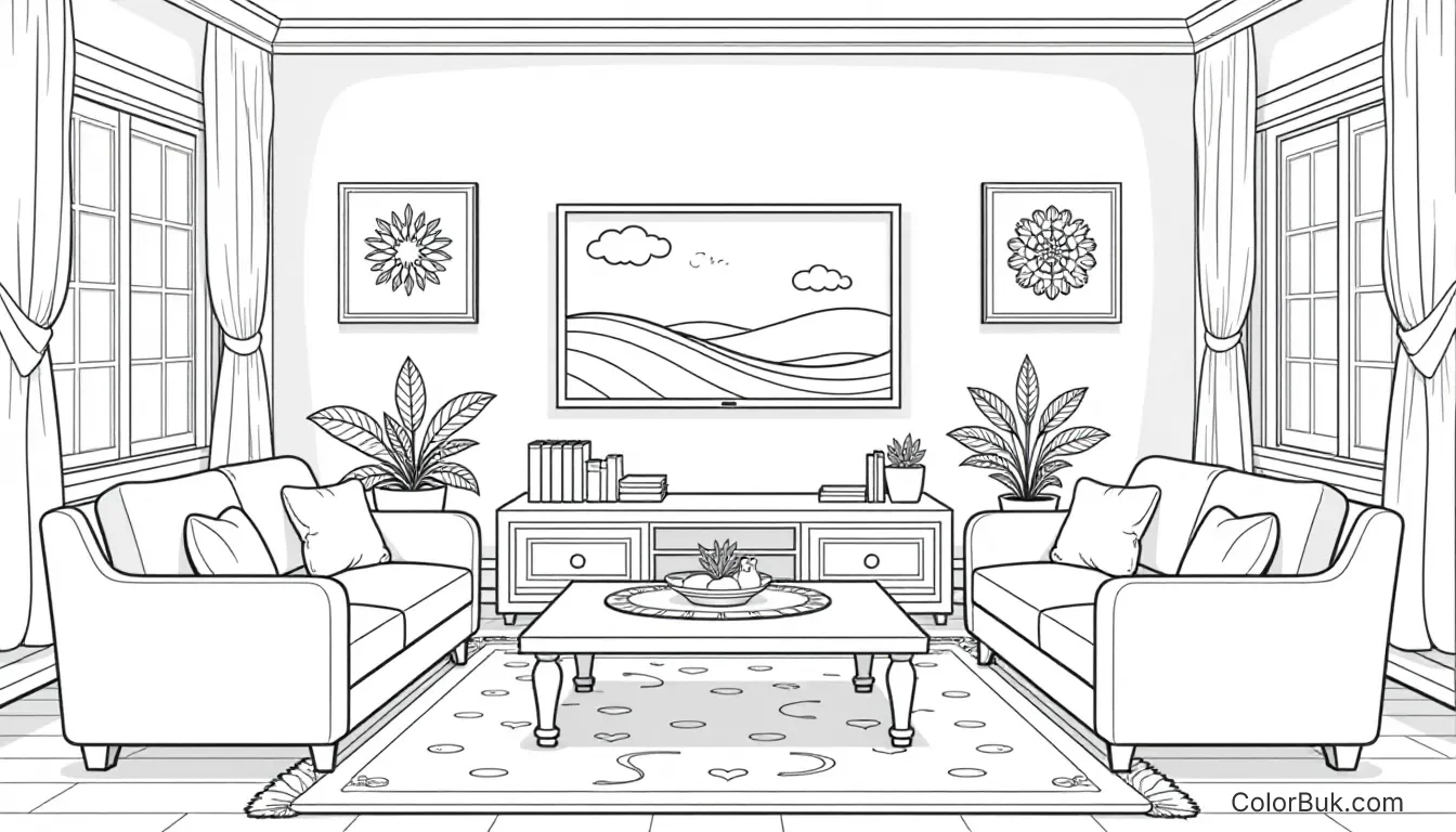 Cozy Living Room Coloring Page for Kids Cozy living room coloring page featuring sofas, a table, and a TV