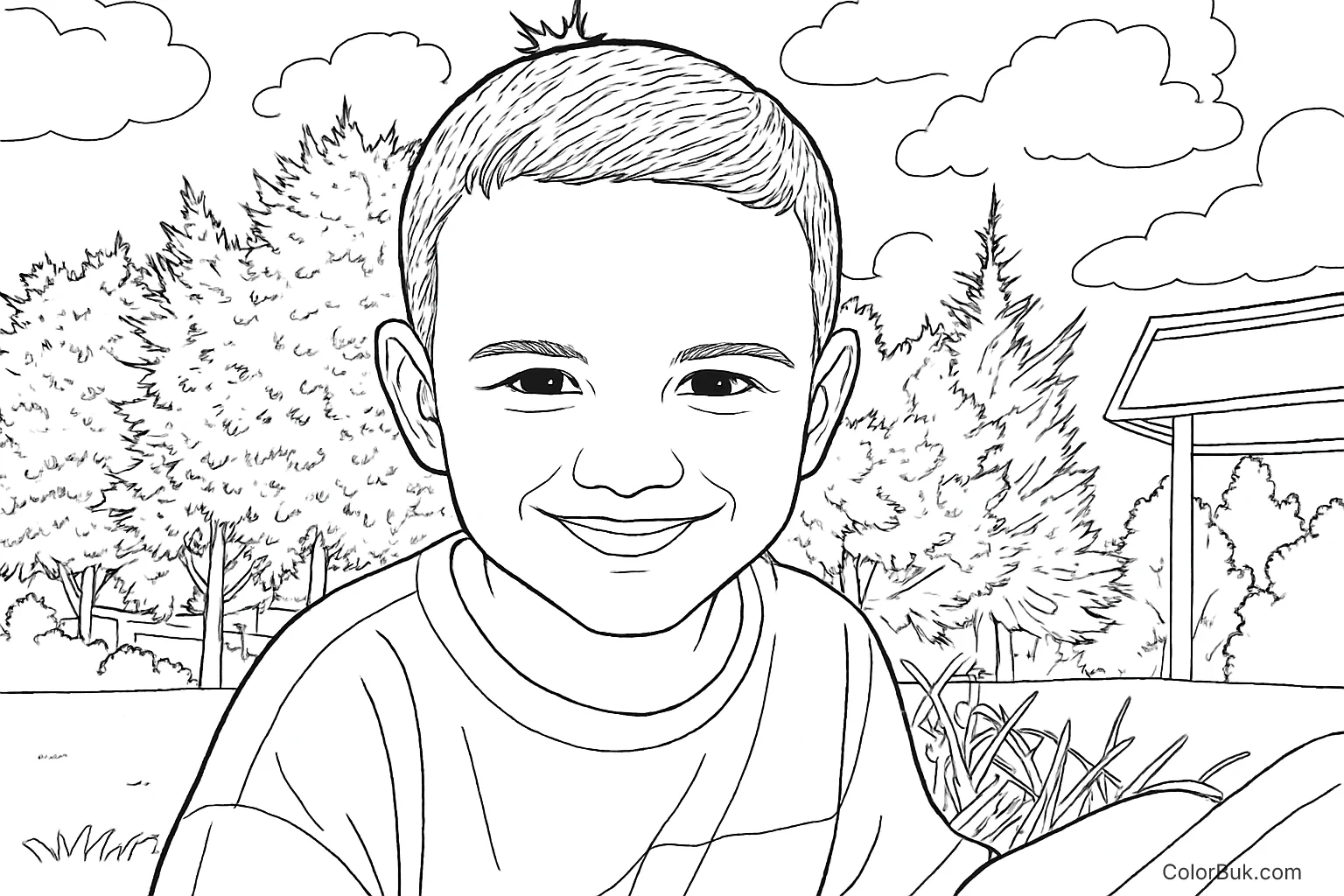 Cheerful Boy Coloring Page | Printable Coloring Sheet Line art coloring page of a cheerful young boy surrounded by trees and clouds.
