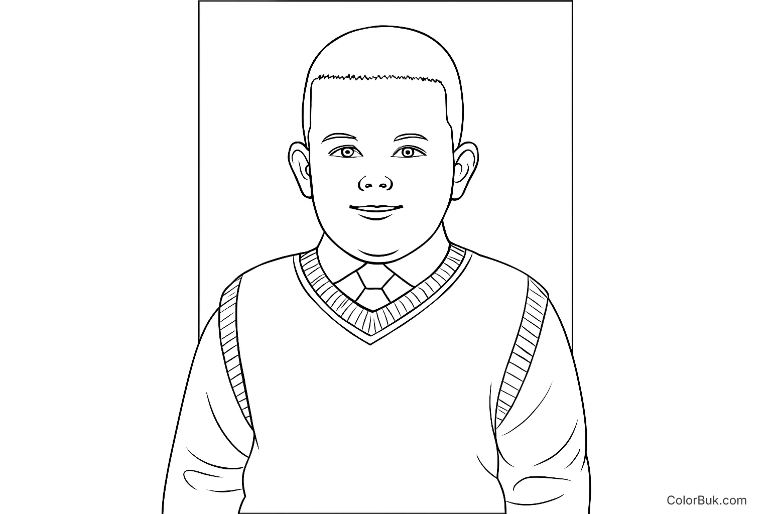 Printable Coloring Page of a Friendly Young Boy Printable coloring page of a friendly young boy in a V-neck sweater with a smile.