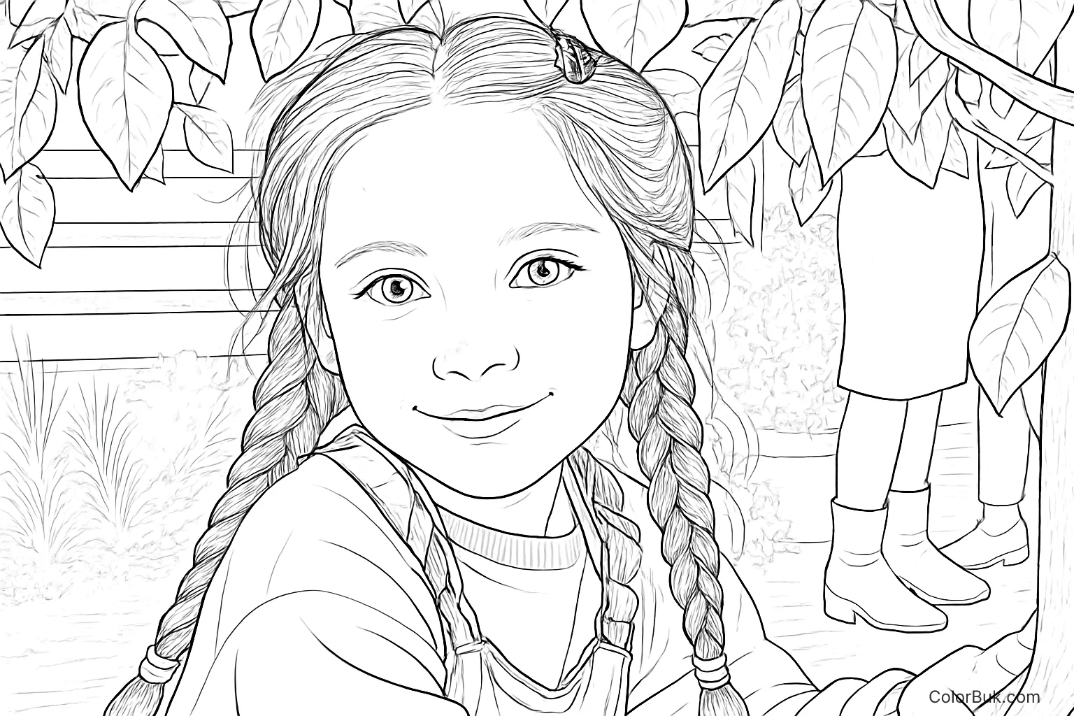 Cheerful Girl Coloring Page | Printable Coloring Sheet Cheerful young girl with braids in overalls, surrounded by leaves