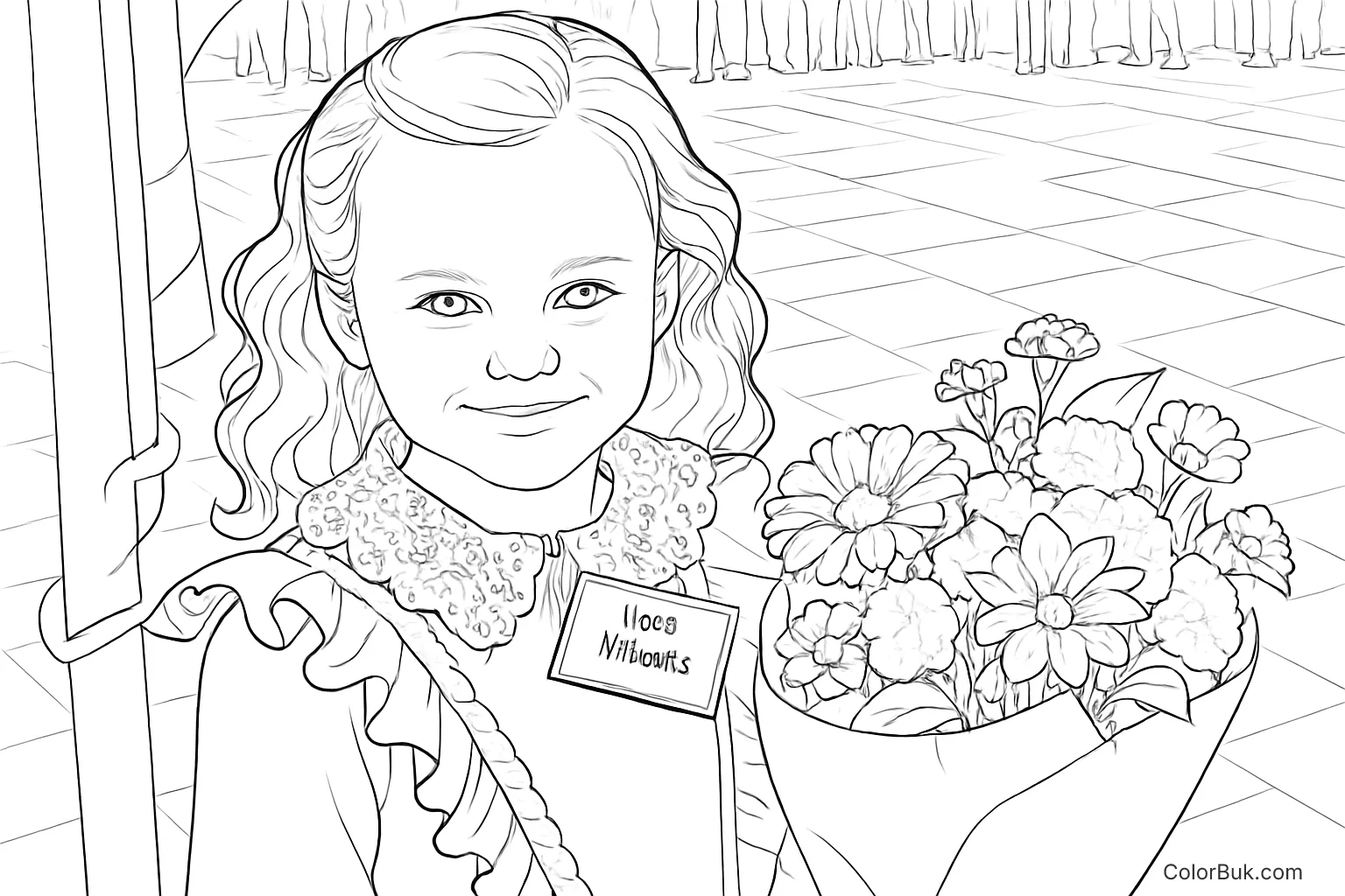 Cheerful Girl with Flowers Coloring Page - Printable Fun Coloring page of a young girl with curly hair holding a flower bouquet