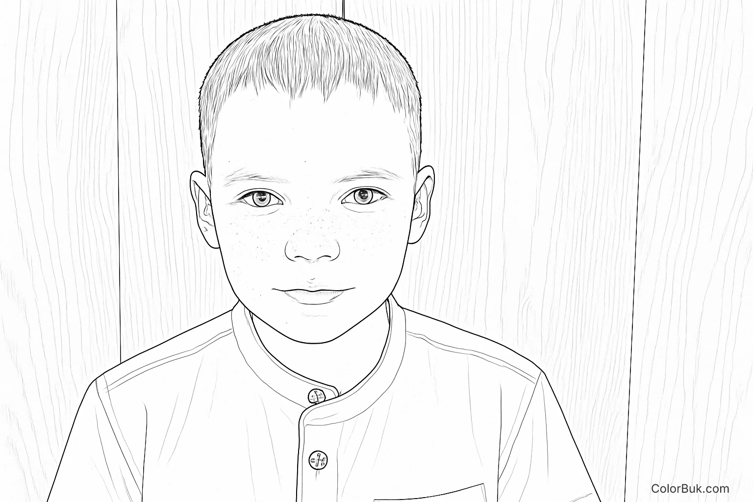 Coloring Page of Young Boy with Freckles - Printable Fun Coloring page of a young boy with freckles, round collar shirt, and wooden background texture.
