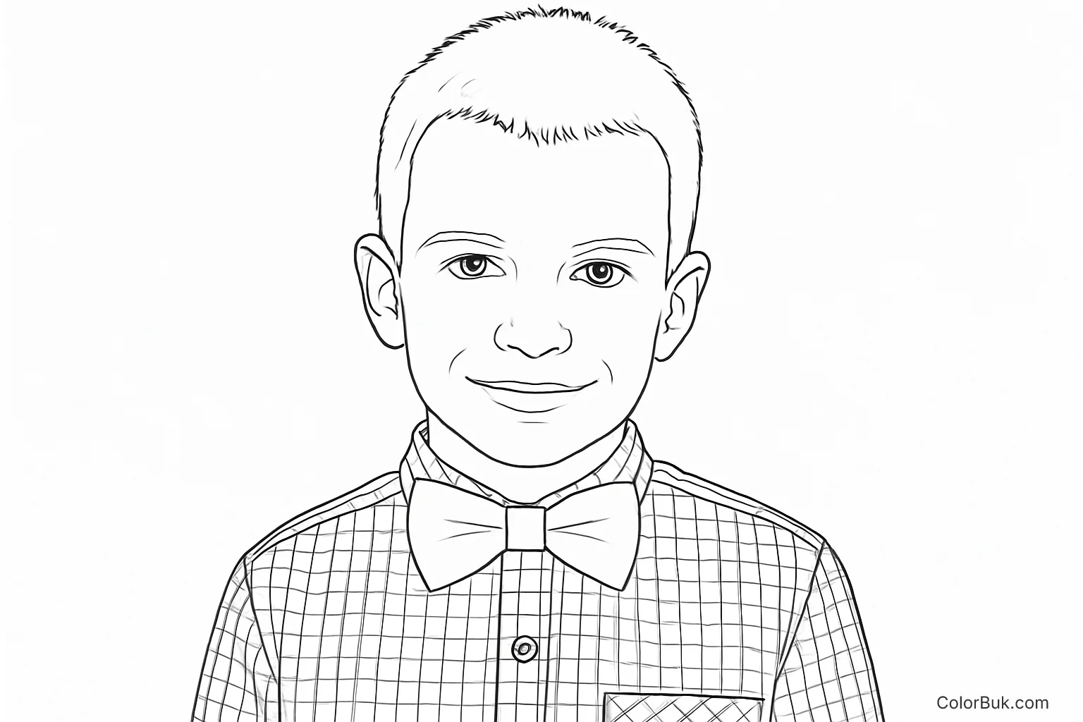 Printable Coloring Page of a Joyful Boy in Bow Tie Coloring page illustration of a young boy smiling, wearing a bow tie and checked shirt.
