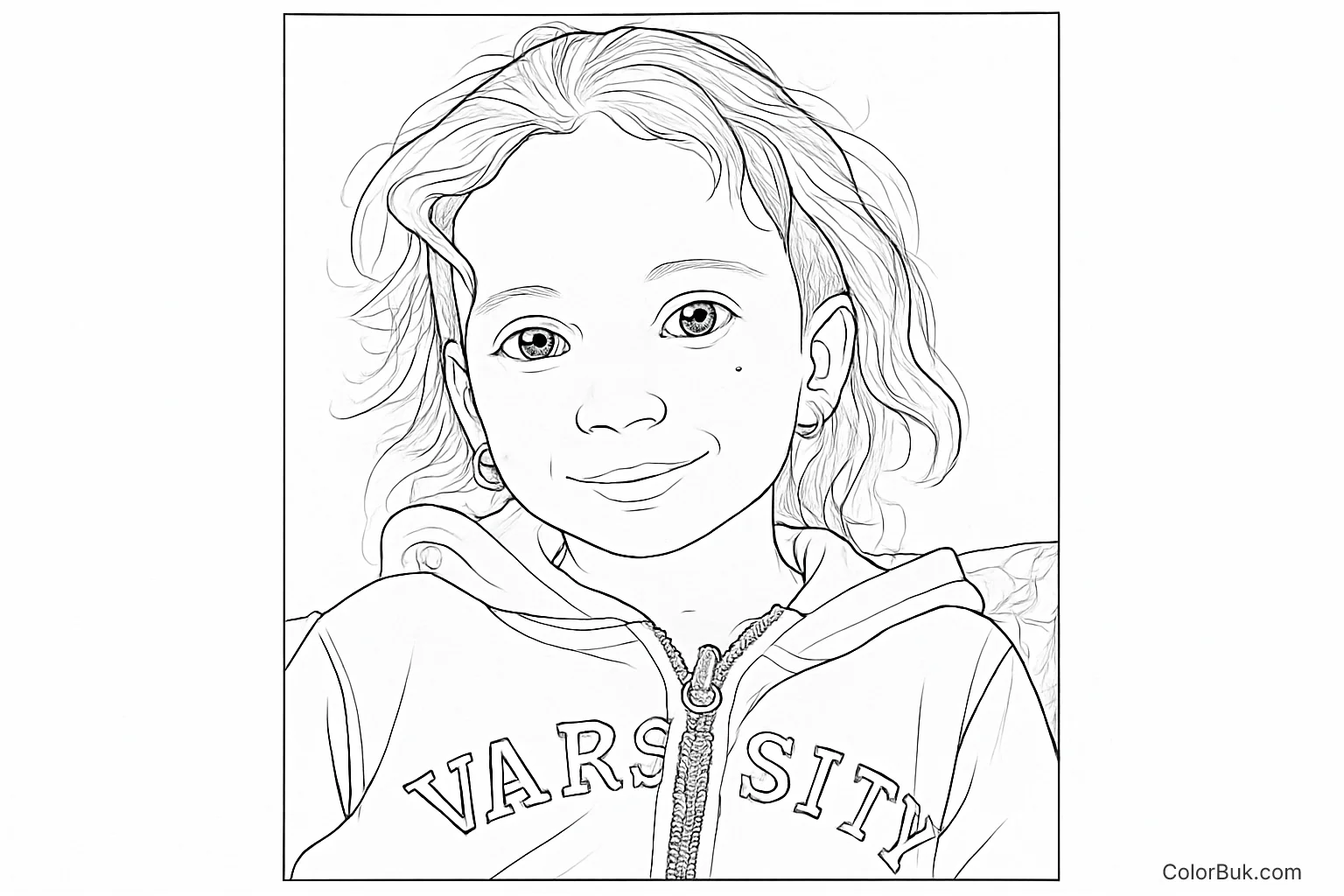 Printable Coloring Page of Cheerful Young Girl Coloring page featuring a cheerful girl with a hoodie and hoop earrings