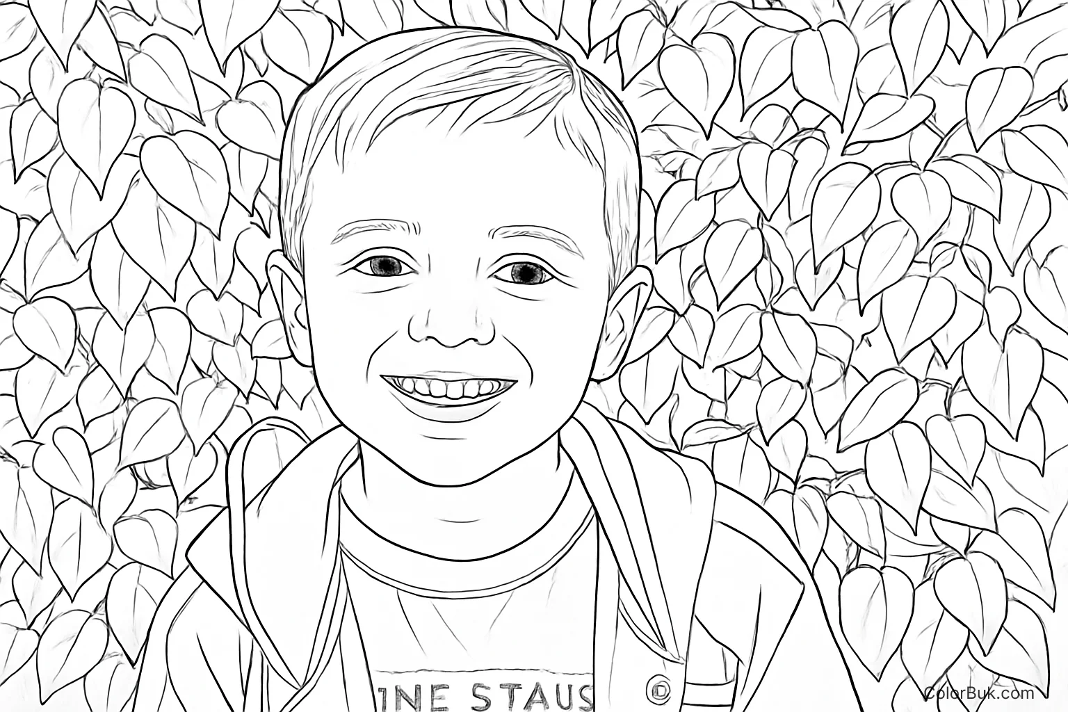 Cheerful Boy Coloring Page - Printable Fun for Kids Cheerful young boy coloring page with detailed leafy vines background.
