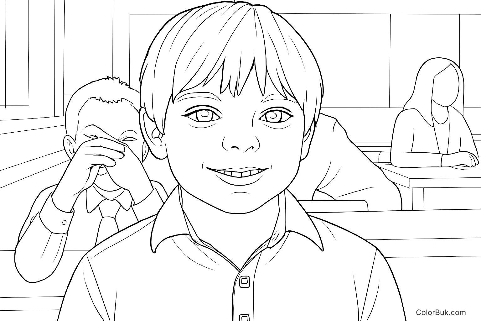 Cheerful Classroom Coloring Page for Kids A lively classroom scene featuring a cheerful boy and classmates, designed for coloring.